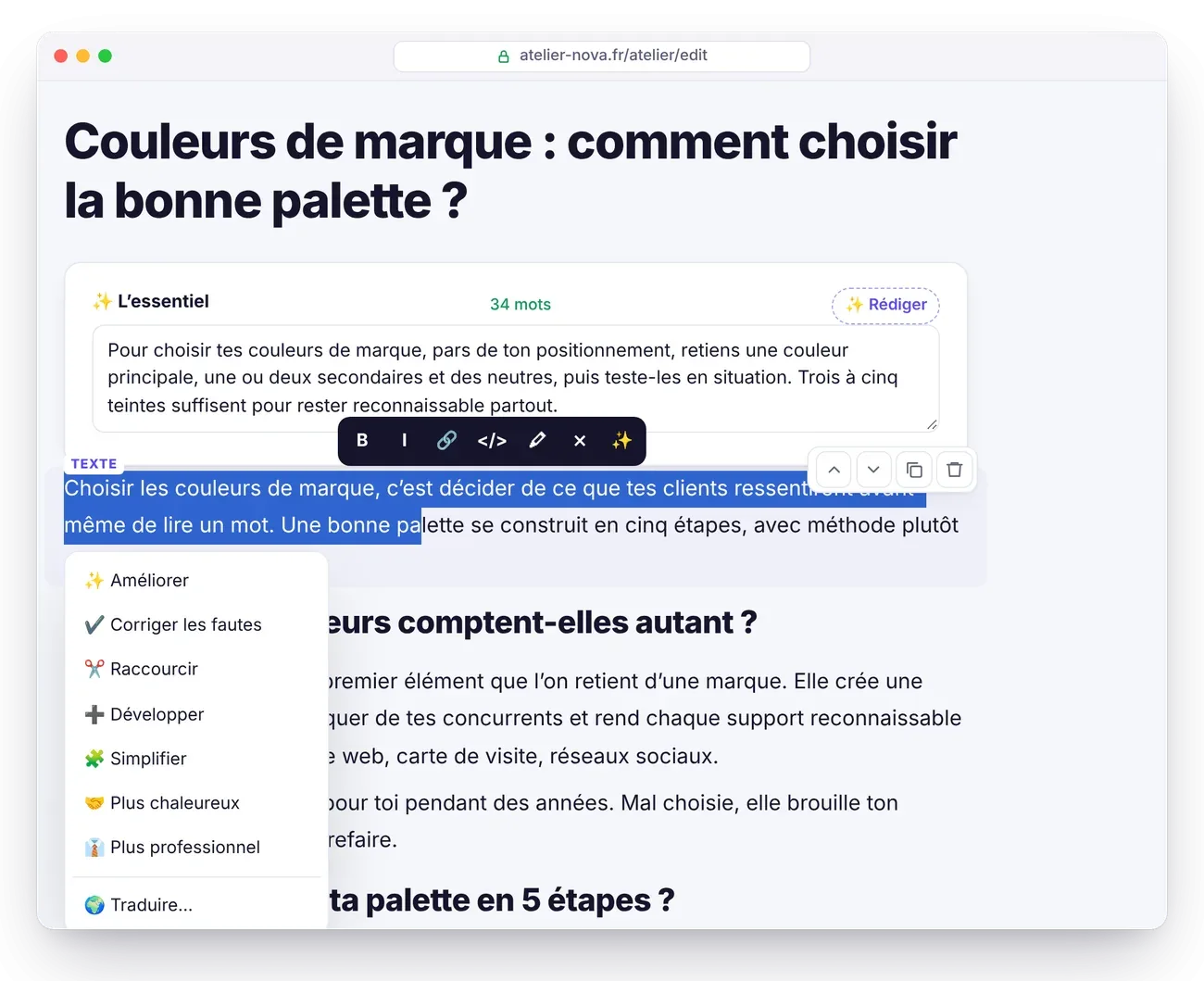 Menu de l’assistant IA dans l’éditeur de blocs, sur un passage sélectionné : améliorer, corriger, raccourcir, développer, simplifier, traduire