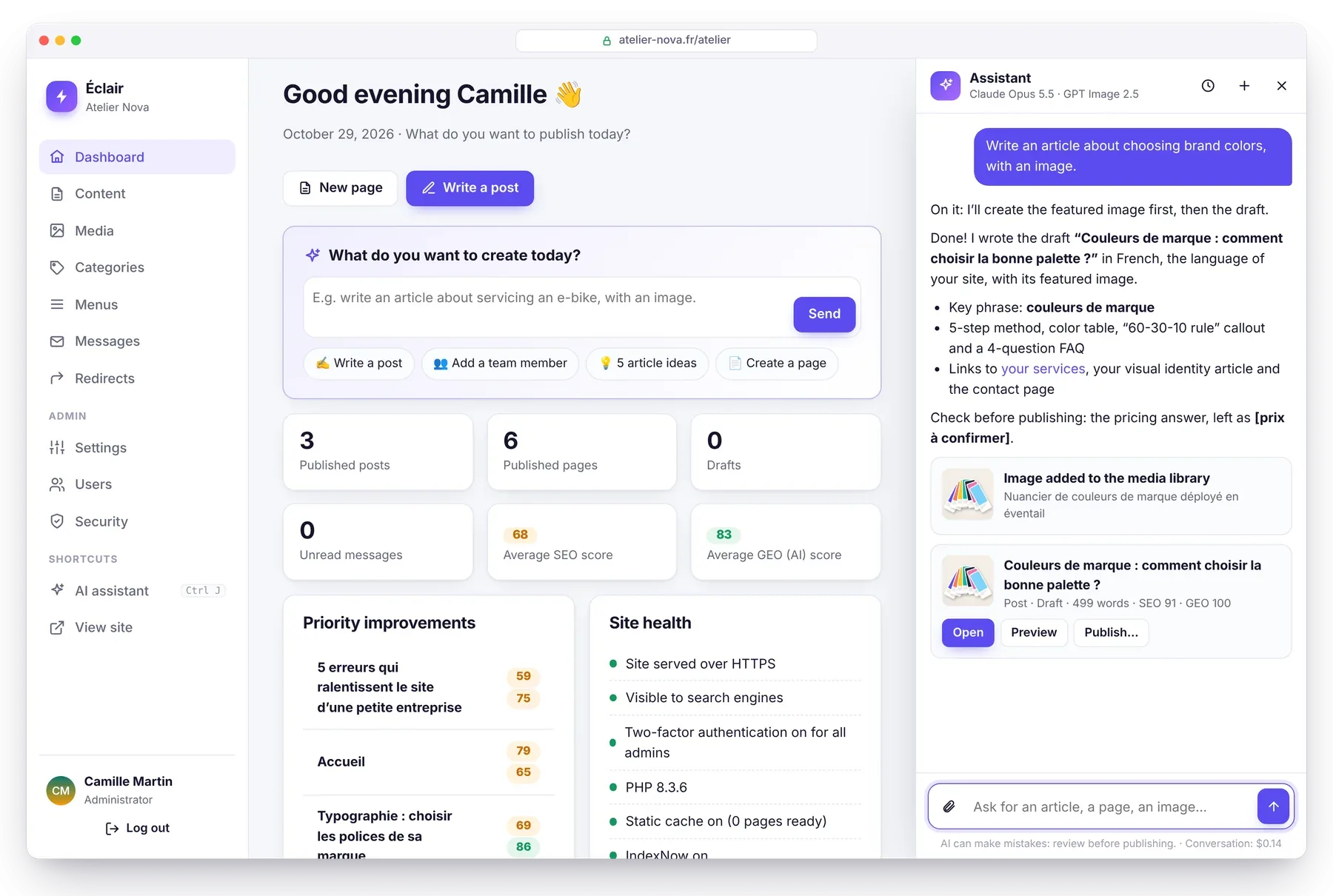 Éclair’s AI assistant, asked for an article about choosing brand colors with an image, creates the image and a complete draft scored SEO 91 and GEO 100