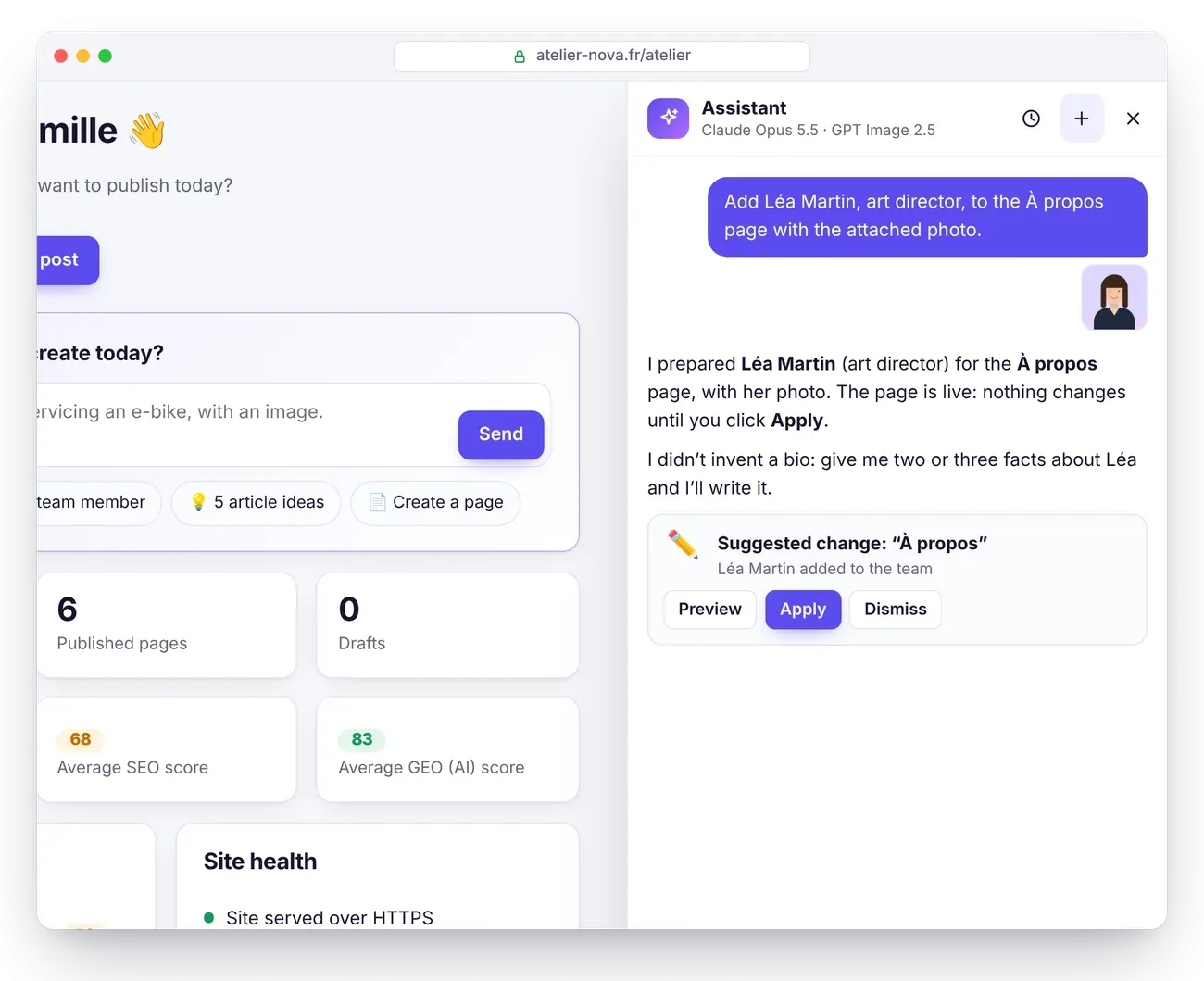 The AI assistant prepares to add a person and her photo to the About page, with Preview, Apply and Dismiss buttons
