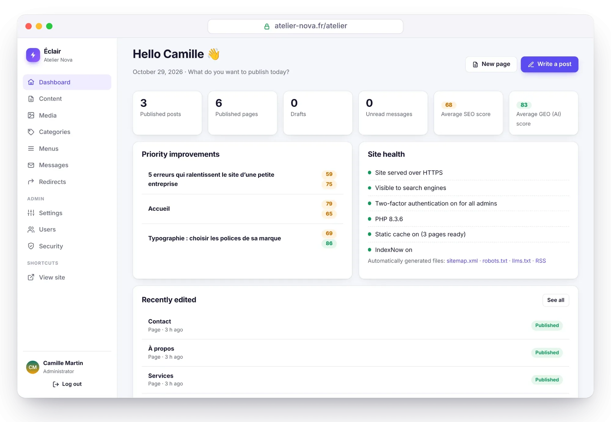 The Éclair dashboard: statistics, priority improvements and site health