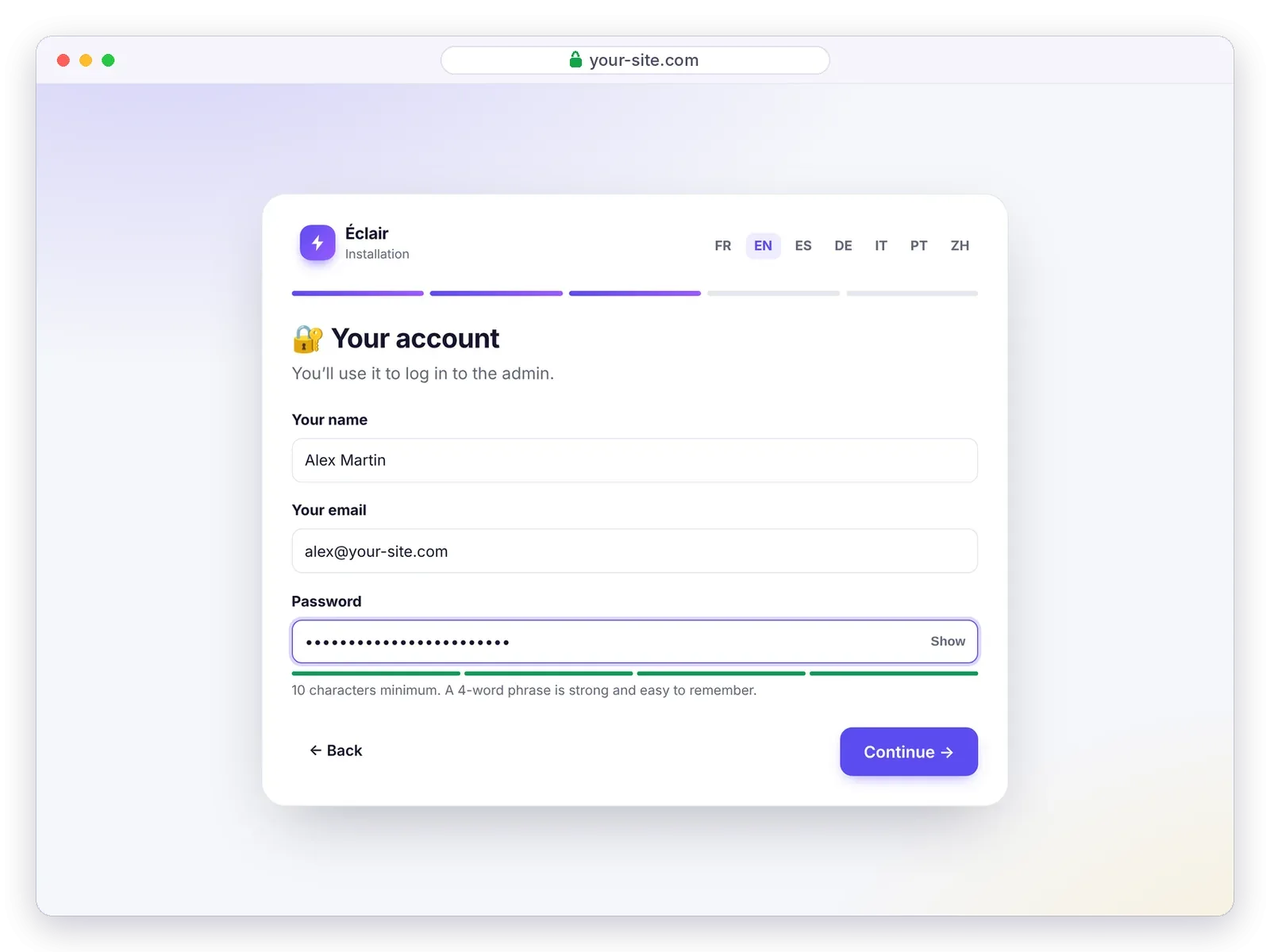 Éclair setup wizard, Your account step: name, email and password with a strength meter