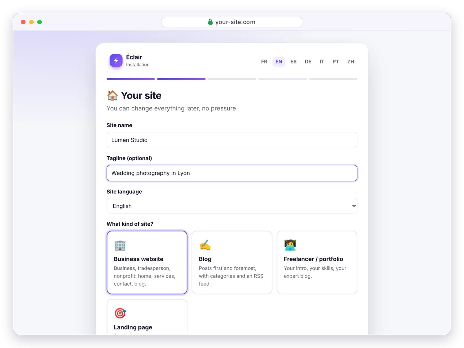 Éclair setup wizard, Your site step: site name, tagline, site language and type of site