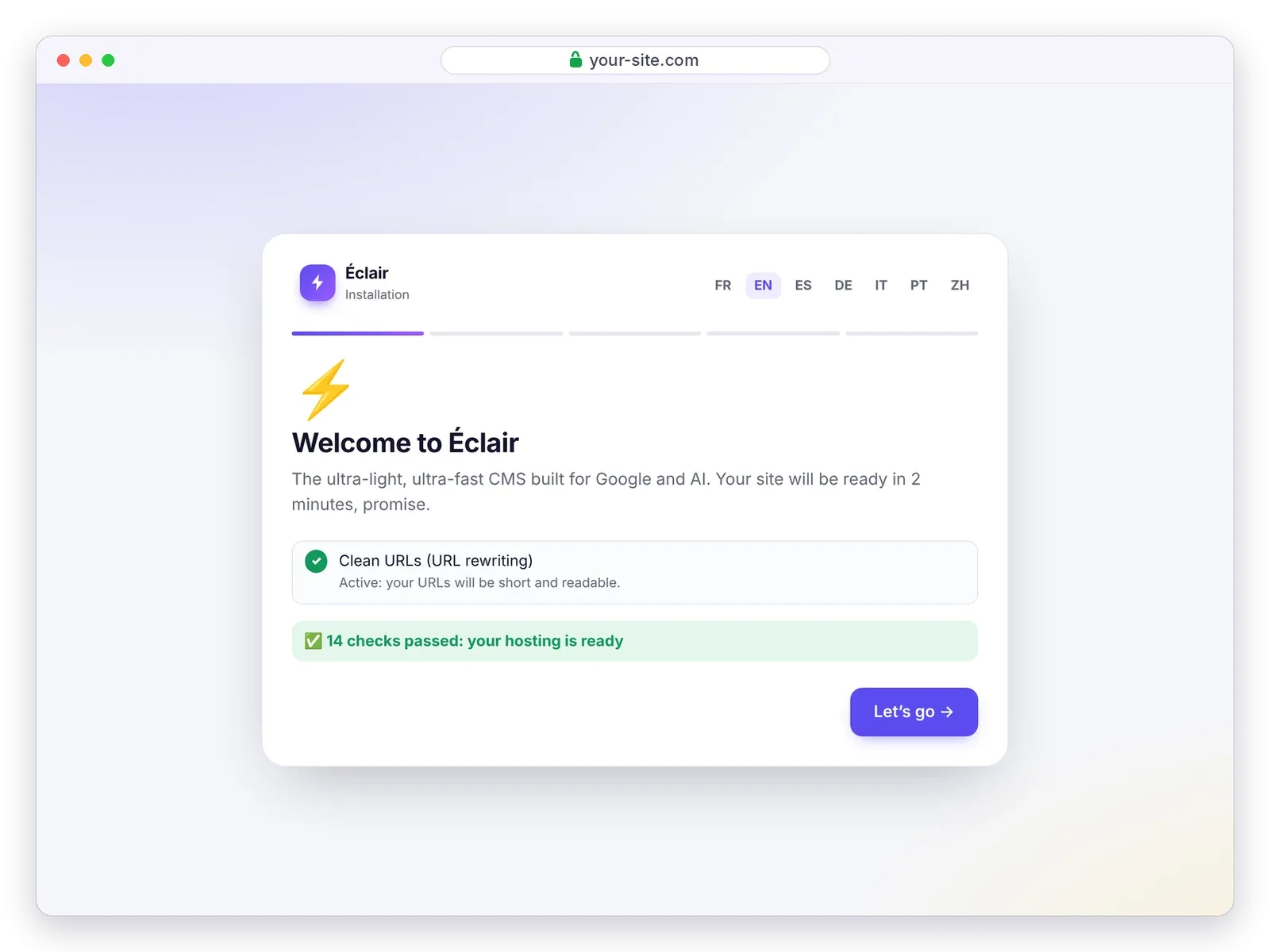 Éclair setup wizard, welcome screen: 14 checks passed, the hosting is ready