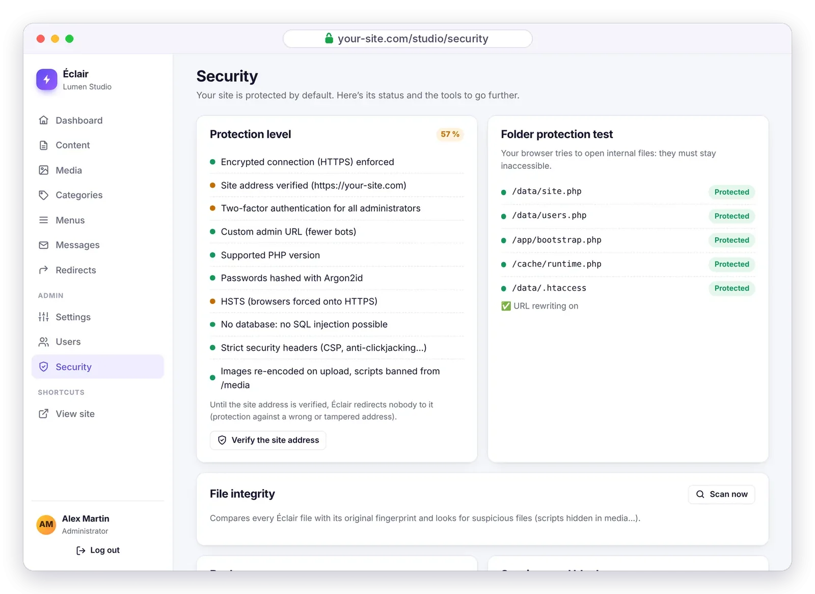 Security page of the Éclair admin: protection level, folder protection test and integrity check