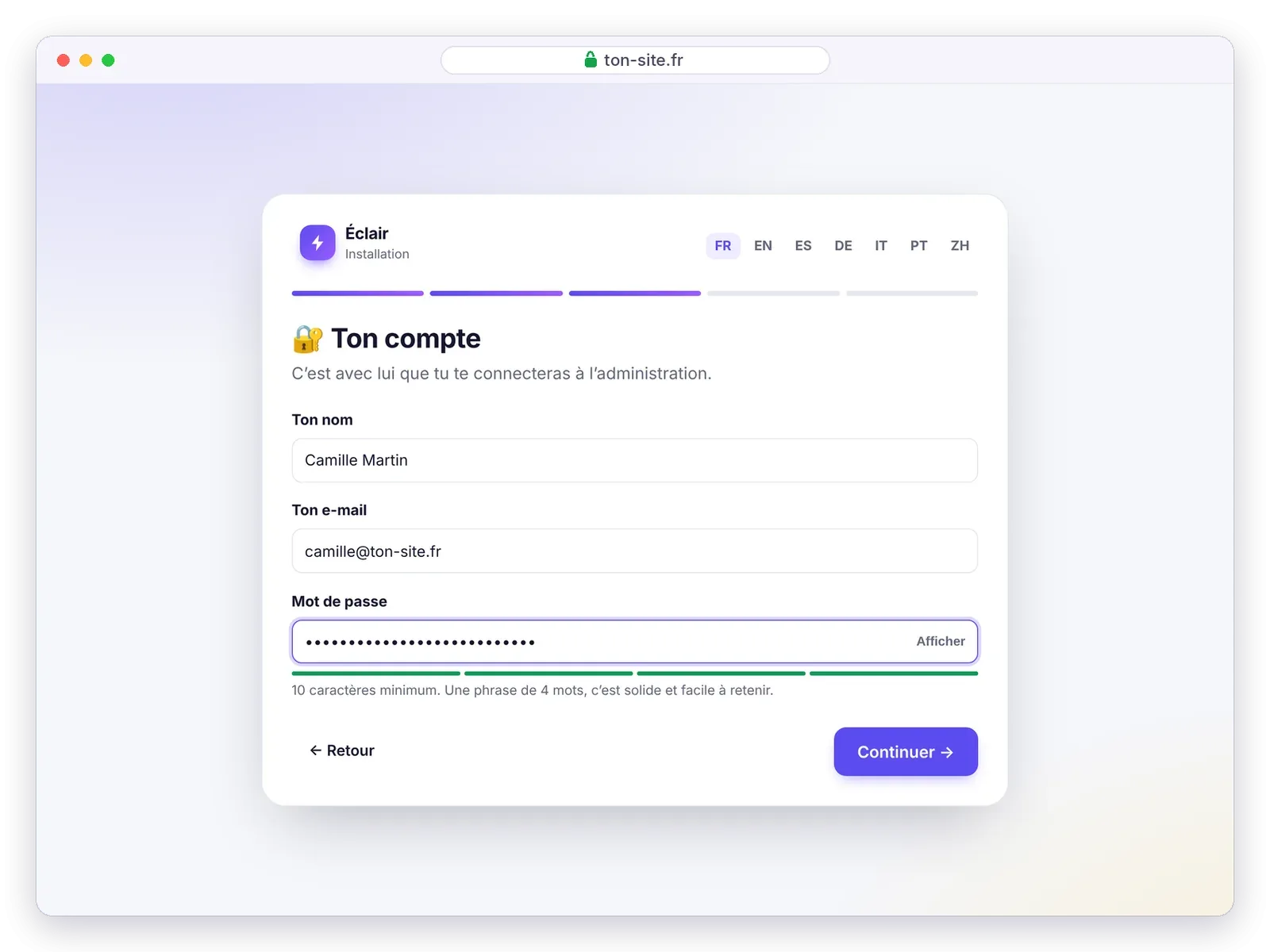 Assistant d’installation d’Éclair, étape Ton compte : nom, e-mail et mot de passe avec jauge de solidité