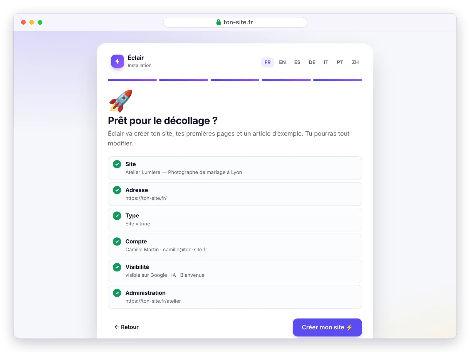 Assistant d’installation d’Éclair, récapitulatif avant de créer le site
