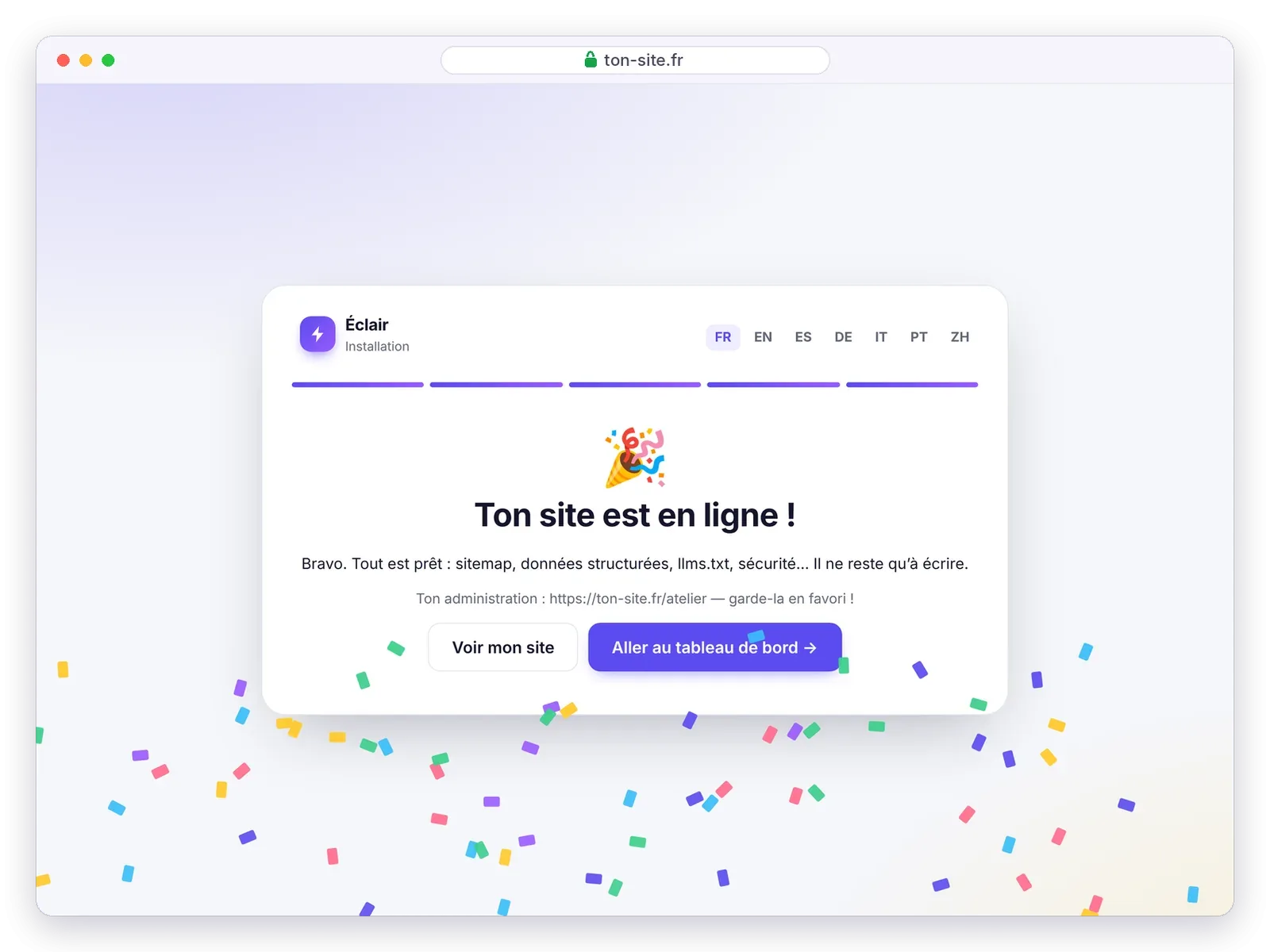 Fin de l’installation d’Éclair : Ton site est en ligne, avec l’adresse de l’administration à garder en favori