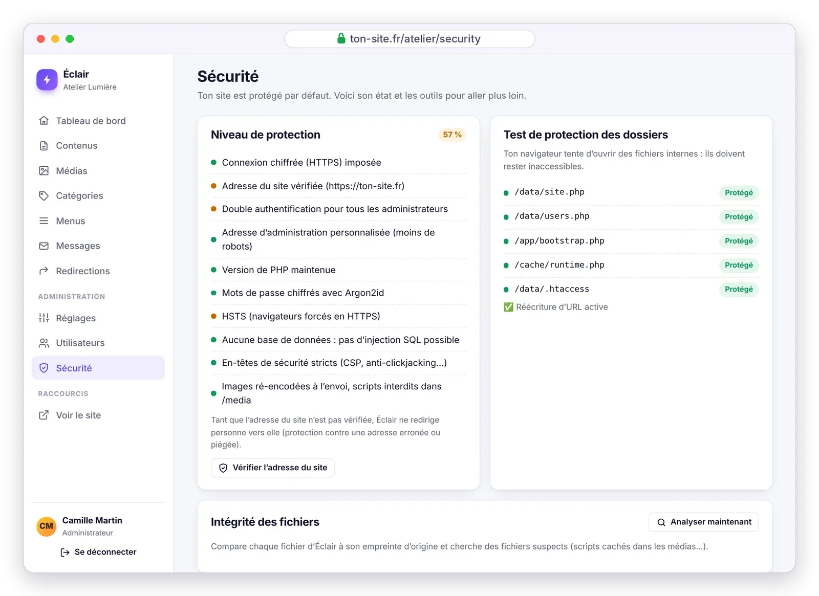 Page Sécurité de l’administration d’Éclair : niveau de protection, test des dossiers et contrôle d’intégrité